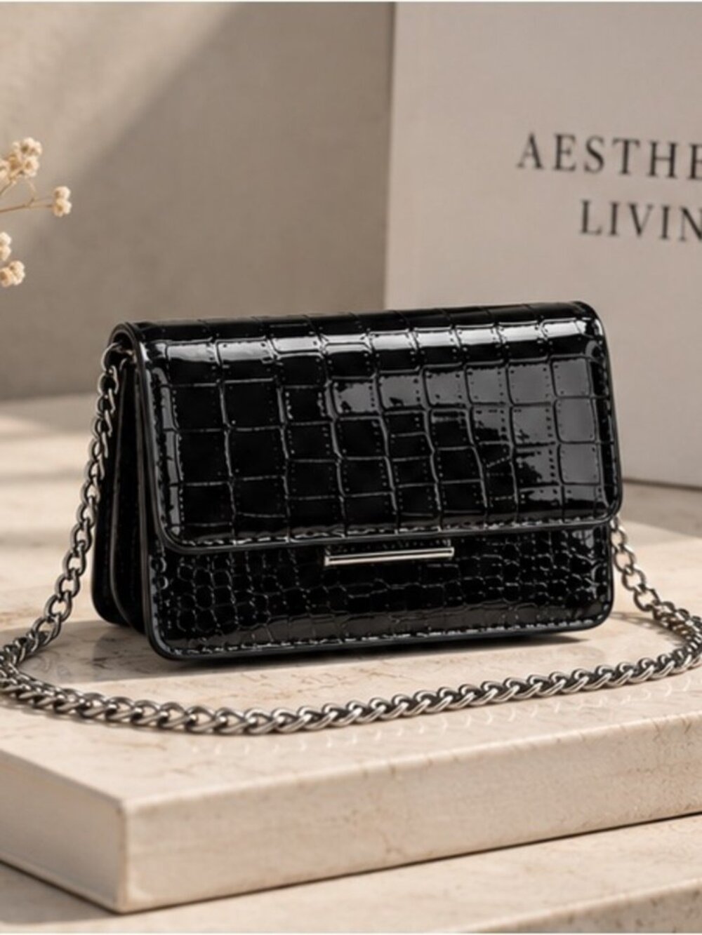 Black Crocodile Mini Crossbody Bag, Chic Chain Strap Shoulder Bag